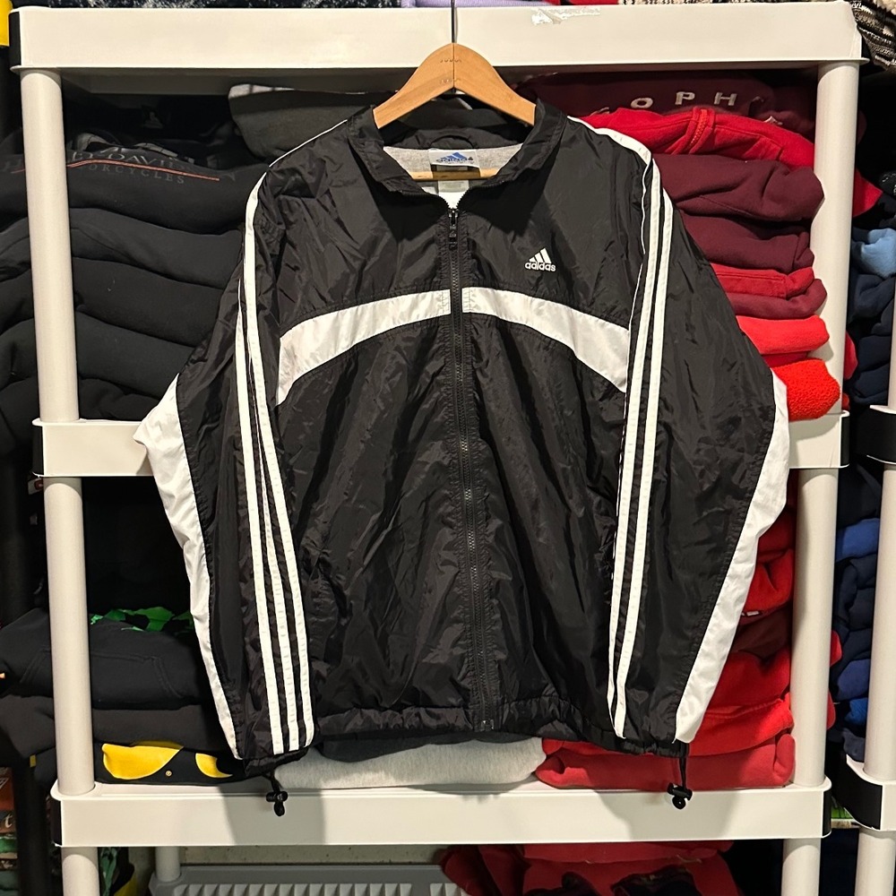Vintage‎ 90s Adidas Full Zip Windbreaker Black/ White Striped Mens Medium Jacket